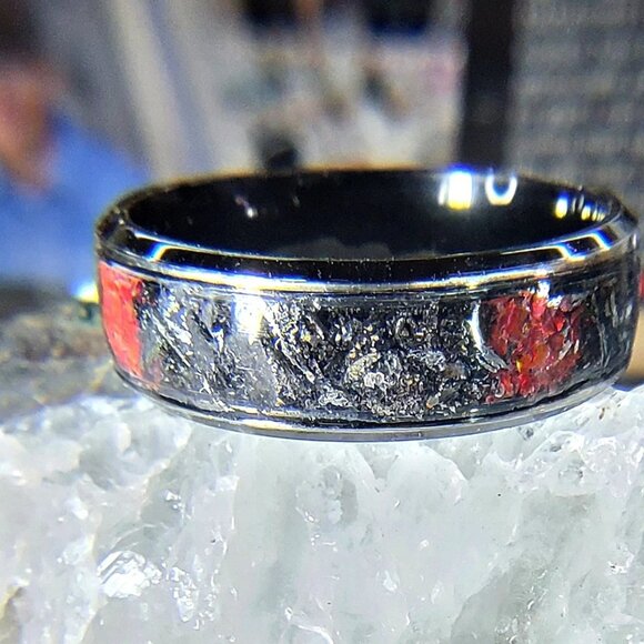 "Asteroid Alert" Ring with Campo del Cielo Meteorite Shavings & Red Opal - Picture 5 of 8